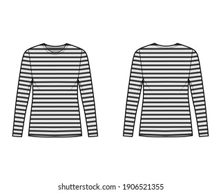 Shirt sailor basque technical fashion illustration with long sleeves, tunic length, scoop neck, oversized. Apparel french top outwear template front, back, grey color. Women men unisex CAD mockup