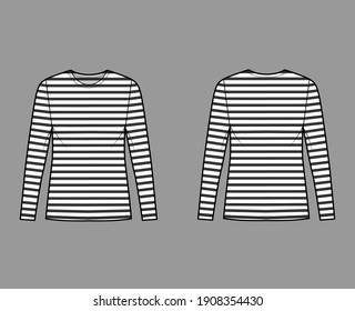 Shirt sailor basque technical fashion illustration with long sleeves, tunic length, scoop neck, oversized. Apparel french top outwear template front, back, white color. Women men unisex CAD mockup