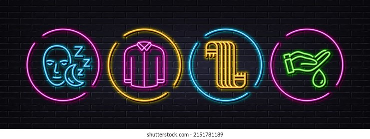 Shirt, Scarf and Sleep minimal line icons. Neon laser 3d lights. Wash hands icons. For web, application, printing. Casual wear, Fabric neckwear, Dream face. Skin care. Neon lights buttons. Vector