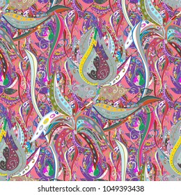 Shirt seamless Background Pattern. Tropical flowers. Flowers on pink, gray and violet colors.
