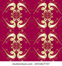 Shirt seamless Background Pattern. Tropical flowers. Flowers on pleasant colors. Golden. red. Pink. Grid.