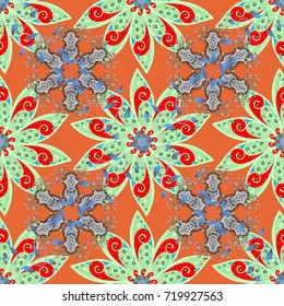 Shirt seamless Background Pattern. Tropical flowers. Flowers on green, orange and red colors.