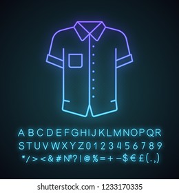 Shirt with short sleeves neon light icon. Casual style. Menswear. Men’s clothes. Glowing sign with alphabet, numbers and symbols. Vector isolated illustration