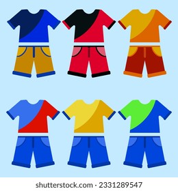 Shirt and shorts color collection set in doodle style for kid, child, boy and girl in flat vector illustration design