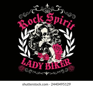 The shirt showcases a detailed illustration of a woman rider with a skull emblem, embodying a feminine yet edgy aesthetic ideal for those who love the thrill of the open road.