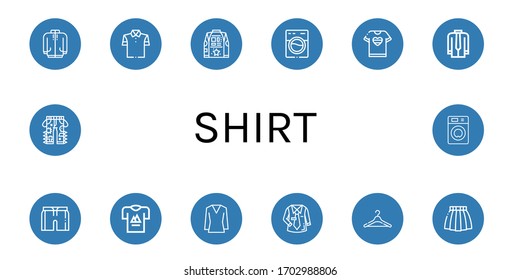 shirt simple icons set. Contains such icons as Long sleeve, Polo shirt, Shirt, Washing machine, Tshirt, Short, T Blouse, Uniform, Hanger, can be used for web, mobile and logo