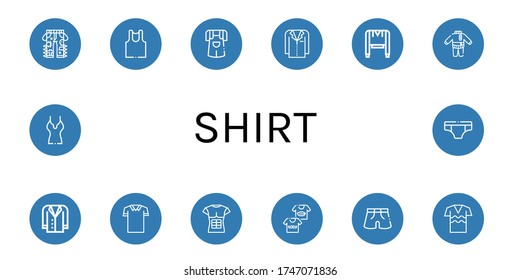 shirt simple icons set. Contains such icons as Jeans, Undershirt, Jumper, Jacket, Sweatshirt, Clothes, Polo shirt, T shirt, Shirts, Shorts, can be used for web, mobile and logo