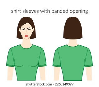 Shirt sleeves short length clothes character beautiful lady in green top, dress technical fashion illustration with fitted body. Flat apparel template front, back sides. Women, men unisex CAD mockup