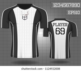 shirt sport ,T-shirt sport design ,Vector Soccer jersey template, football sport shirt front and back model eps10 on grid background with horn logo and number for edit,
