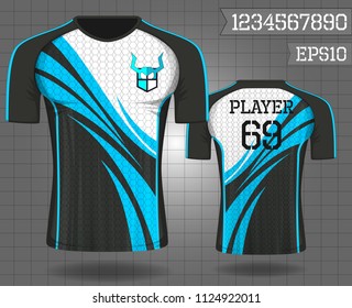 shirt sport ,T-shirt sport design ,Vector Soccer jersey template, football sport shirt front and back model eps10 on grid background with horn logo and number for edit,
