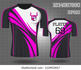 shirt sport ,T-shirt sport design ,Vector Soccer jersey template, football sport shirt front and back model eps10 on grid background with horn logo and number for edit,
