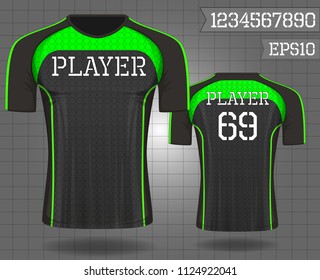 shirt sport ,T-shirt sport design ,Vector Soccer jersey template, football sport shirt front and back model eps10 on grid background with horn logo and number for edit,
