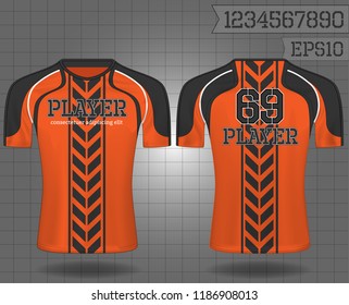 shirt sport ,T-shirt sport design ,Vector Soccer jersey template, football sport shirt front and back model eps10 on grid background with horn logo and number for edit,
