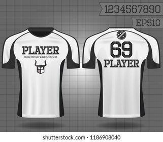 shirt sport ,T-shirt sport design ,Vector Soccer jersey template, football sport shirt front and back model eps10 on grid background with horn logo and number for edit,
