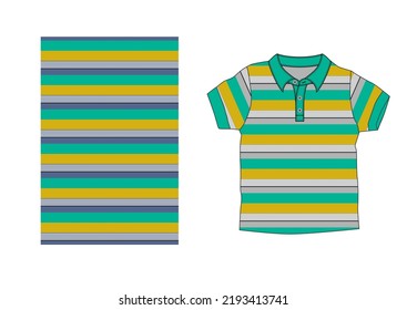 Shirt stripes technical fashion illustration with short sleeves, 
Apparel outwear template front, full color stripe style.men mockup