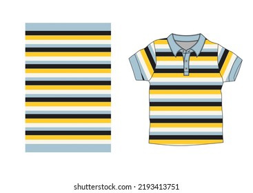 Shirt stripes technical fashion illustration with short sleeves, 
Apparel outwear template front, full color stripe style.men mockup