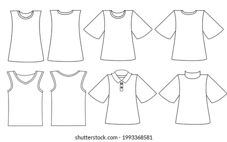 shirt and t shirt.Sleeveless top or tank top.Basketball jersey or sport uniform.Set of white clothes for men or women.Mock up template.Vector illustration for design.Sign, symbol, icon or logo.