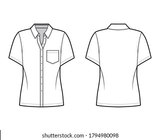 Shirt technical fashion illustration with angled pocket, short sleeves, relax fit, front button-fastening, regular collar. Flat apparel template front back white color. Women men unisex top CAD mockup