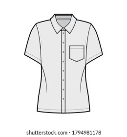 Shirt technical fashion illustration with angled pocket, short sleeves, relax fit, front button-fastening, regular collar. Flat apparel template front, grey color. Women, men unisex top CAD mockup