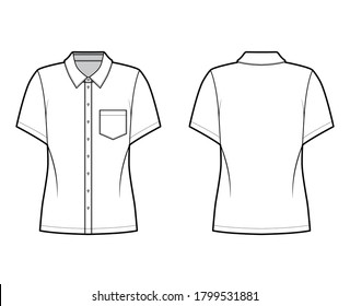 Shirt technical fashion illustration with angled pocket, short sleeves, relax fit, front button-fastening, regular collar. Flat apparel template front back white color. Women men unisex top CAD mockup