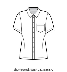 Shirt technical fashion illustration with angled pocket, short sleeves, relax fit, front button-fastening, regular collar. Flat apparel template front, white color. Women, men unisex top CAD mockup