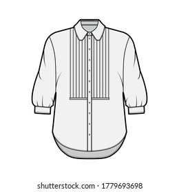 Shirt technical fashion illustration with bib, button down front opening, round collar, elbow sleeves with cuff, oversized body. Flat apparel template front grey color. Women, men unisex CAD mockup