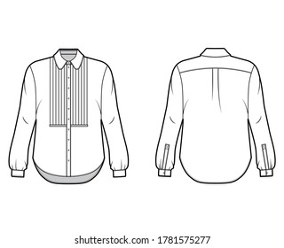 Shirt technical fashion illustration with bib, button down front opening, round collar, long sleeves with cuff, oversized body. Flat apparel template front back white color. Women, men unisex mockup