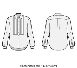 Shirt technical fashion illustration with bib, button down front opening, round collar, long sleeves with cuff, oversized body. Flat apparel template front back grey color. Women men unisex CAD mockup