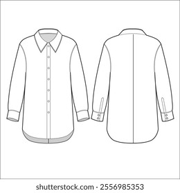 Shirt technical fashion Illustration. Classic Shirt fashion flat technical drawing template, button, oversize, pocket, front and back view, white, women, men, unisex CAD mockup.