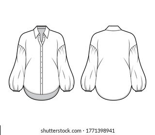 Shirt technical fashion illustration with collar stand, dropped long puff sleeves, oversized body, front button fastenings. Flat apparel blouse template front back grey color. Women men unisex mockup