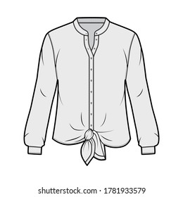 Shirt technical fashion illustration with curved mandarin stand collar, long sleeves, tie hem, oversized body. Flat apparel blouse template front, grey color. Women, men and unisex top CAD mockup