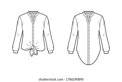 Shirt technical fashion illustration with curved mandarin stand collar, long sleeves, tie hem, oversized body. Flat apparel blouse template front, white color. Women CAD garment mockup for designer