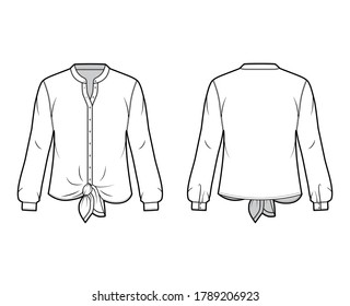 Shirt technical fashion illustration with curved mandarin stand collar, long sleeves, tie hem, oversized body. Flat apparel blouse template front back white color. Women, men and unisex top CAD mockup