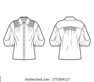 Shirt technical fashion illustration with elbow puff sleeves, oversized body, pintucks, front button fastenings. Flat apparel blouse template front, back white color. Women men unisex top garment CAD