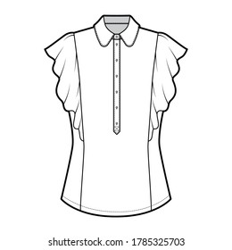 Shirt technical fashion illustration with fitted body, round collar, front button henley, ruffled sleeves. Flat blouse apparel template front white color. Women, men unisex top CAD mockup for designer