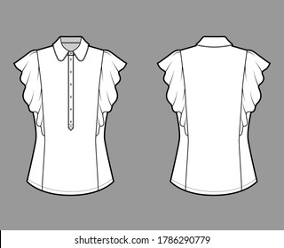 Shirt technical fashion illustration with fitted body, round collar, front button henley, ruffled sleeves. Flat blouse apparel template front, back, white color. Women CAD garment mockup for designer