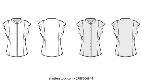 Shirt technical fashion illustration with fitted body, mandarin collar, front button fastenings, ruffled sleeves. Flat blouse apparel template front, back, white grey color. Women, men unisex mockup