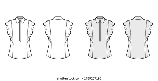 Shirt technical fashion illustration with fitted body, round collar, front button henley, ruffled sleeves. Flat blouse apparel template front, back, white grey color. Women, men, unisex top CAD mockup