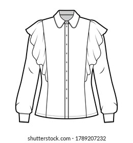 Shirt technical fashion illustration with fitted body, round collar with stand, ruffled and long sleeves with cuff. Flat blouse apparel template front, white color. Women, men top unisex CAD mockup