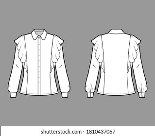Shirt technical fashion illustration with fitted body, round collar with stand, ruffled and long sleeves with cuff. Flat blouse apparel template front, back, white color. Women, men unisex CAD mockup