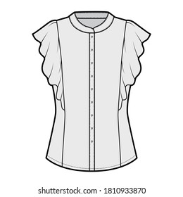 Shirt technical fashion illustration with fitted body, mandarin collar, front button fastenings, ruffled sleeves. Flat blouse apparel template front, grey color. Women, men unisex top CAD mockup