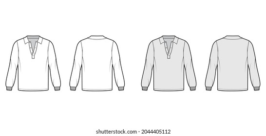 Shirt technical fashion illustration with long sleeves, elastic cuff, henley open neck, flat collar. Apparel top outwear template front, back, white, grey color style. Women, men, unisex mockup