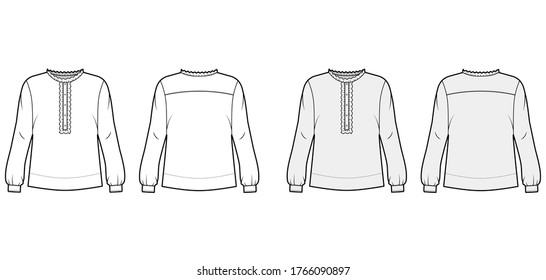 Shirt technical fashion illustration with oversized body, concealed button fastenings along front, ruffles, cropped sleeves. Flat apparel template front, back, white color. Women, men unisex mockup