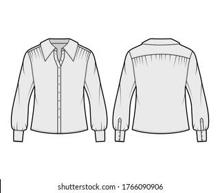Shirt technical fashion illustration with oversized body, concealed button fastenings along front, ruffles, cropped sleeves. Flat apparel template front, back, white color. Women, men unisex mockup