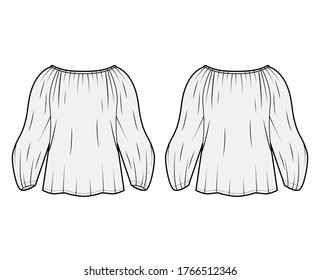 Shirt technical fashion illustration with oversized body, concealed button fastenings along front, ruffles, cropped sleeves. Flat apparel template front, back, white color. Women, men unisex mockup
