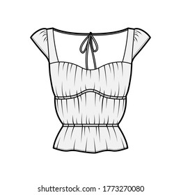 Shirt technical fashion illustration with oversized body, concealed button fastenings along front, ruffles, cropped sleeves. Flat apparel template front, back, white color. Women, men unisex mockup