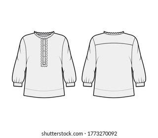 Shirt technical fashion illustration with oversized body, concealed button fastenings along front, ruffles, cropped sleeves. Flat apparel template front, back, white color. Women, men unisex mockup