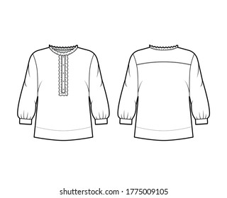 Shirt technical fashion illustration with oversized body, concealed button fastenings along front, ruffles, cropped sleeves. Flat apparel template front, back, white color. Women, men unisex mockup