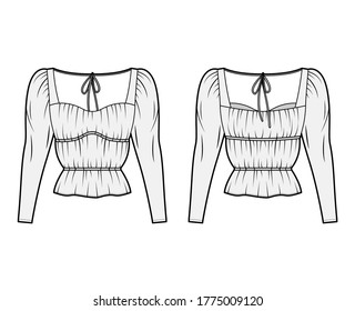 Shirt technical fashion illustration with oversized body, concealed button fastenings along front, ruffles, cropped sleeves. Flat apparel template front, back, white color. Women, men unisex mockup