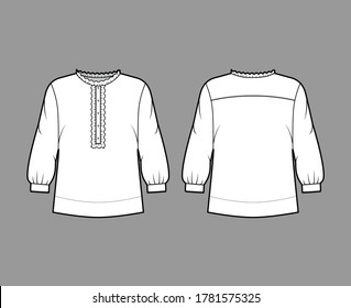 Shirt technical fashion illustration with oversized body, concealed button fastenings along front, ruffles, cropped sleeves. Flat apparel template front, back, white color. Women, men unisex mockup